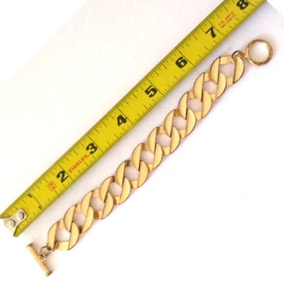 Vtg Enameled Bracelet Chunky Flat Chain Link Gold Tone Ivory Statement Classic. - Picture 3 of 16